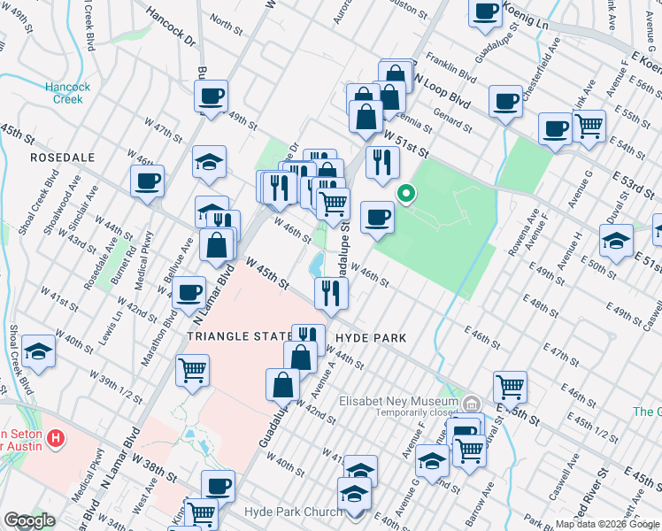 map of restaurants, bars, coffee shops, grocery stores, and more near 4600 West Guadalupe Street in Austin