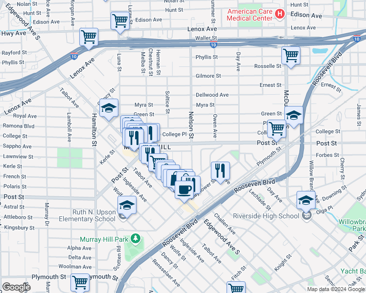 map of restaurants, bars, coffee shops, grocery stores, and more near 3520 Post Street in Jacksonville