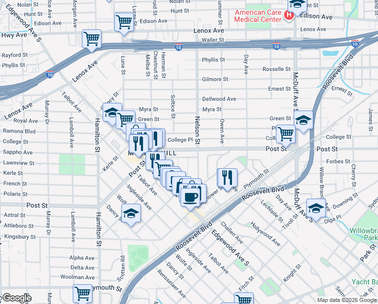map of restaurants, bars, coffee shops, grocery stores, and more near 936 Nelson Street in Jacksonville