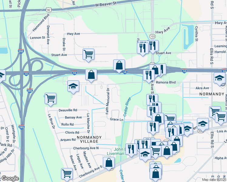map of restaurants, bars, coffee shops, grocery stores, and more near 702 Bent Baum Road in Jacksonville