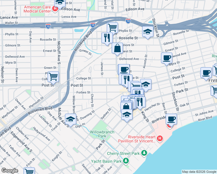 map of restaurants, bars, coffee shops, grocery stores, and more near 2769 Post Street in Jacksonville