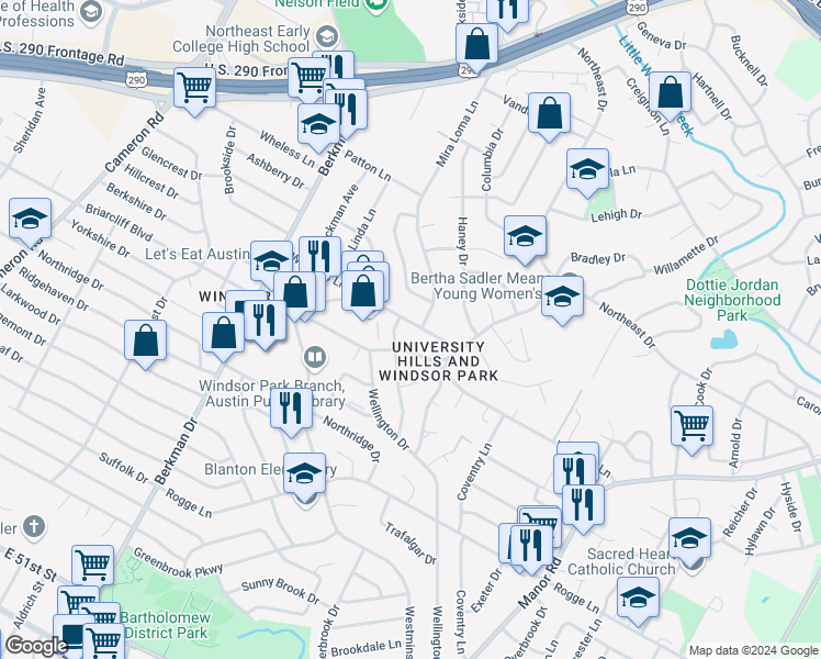 map of restaurants, bars, coffee shops, grocery stores, and more near 2021 Wheless Lane in Austin