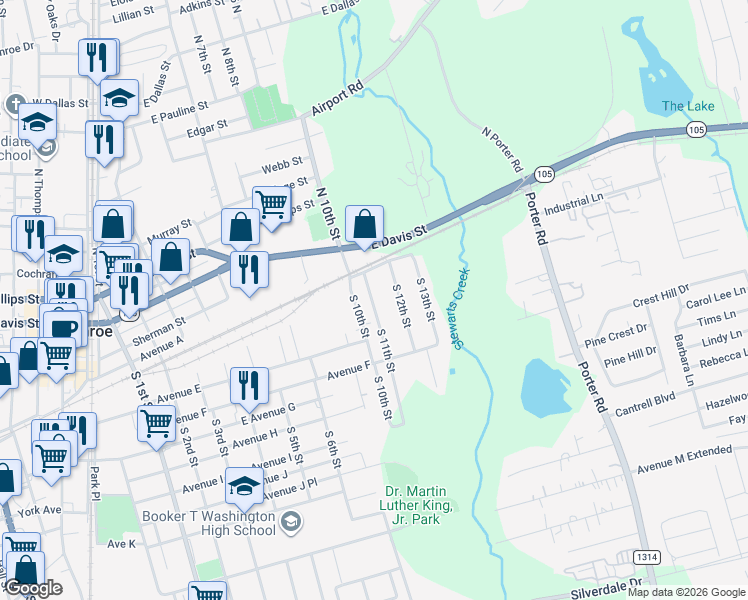 map of restaurants, bars, coffee shops, grocery stores, and more near 216 South 11th Street in Conroe