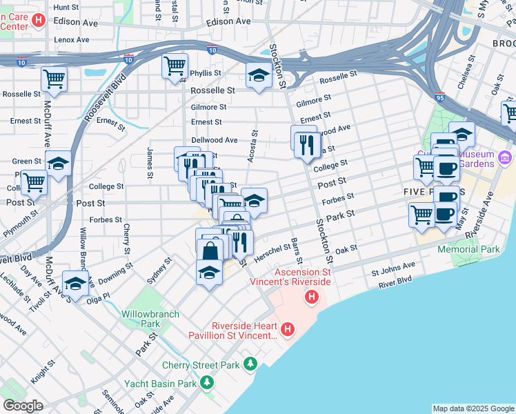 map of restaurants, bars, coffee shops, grocery stores, and more near 2604 Post Street in Jacksonville