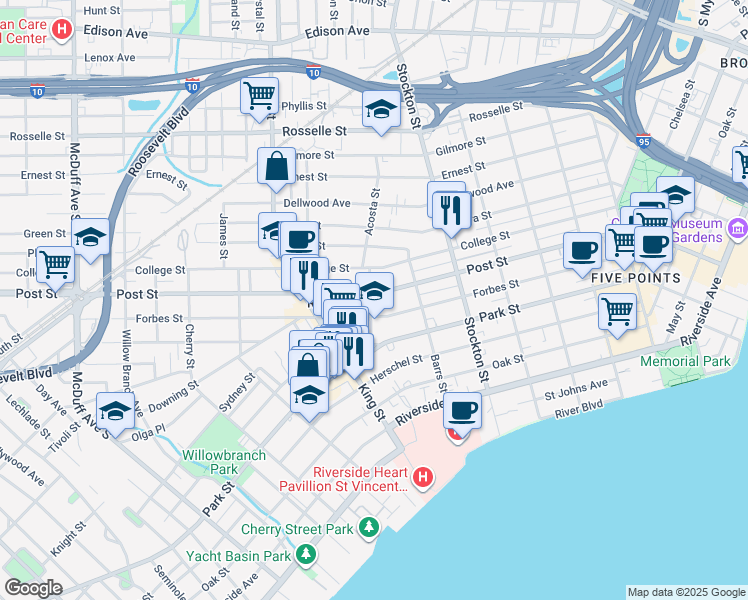 map of restaurants, bars, coffee shops, grocery stores, and more near 2627 Post Street in Jacksonville
