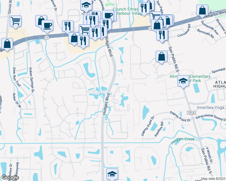 map of restaurants, bars, coffee shops, grocery stores, and more near 2001 Hodges Boulevard in Jacksonville