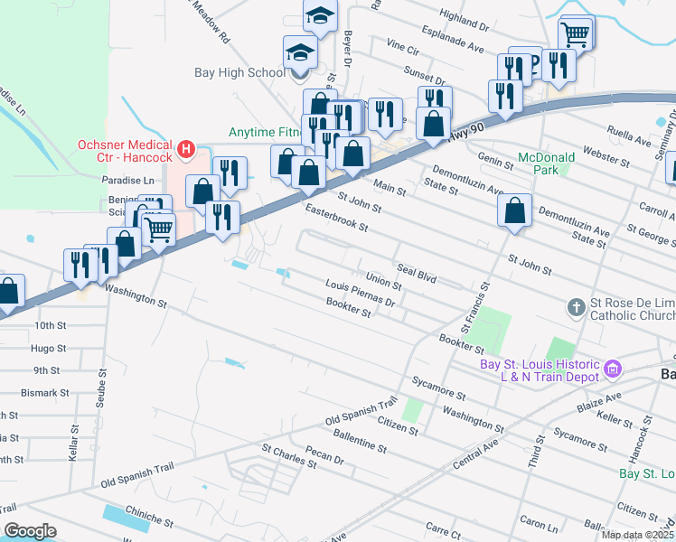 map of restaurants, bars, coffee shops, grocery stores, and more near 704 Union Street in Bay Saint Louis