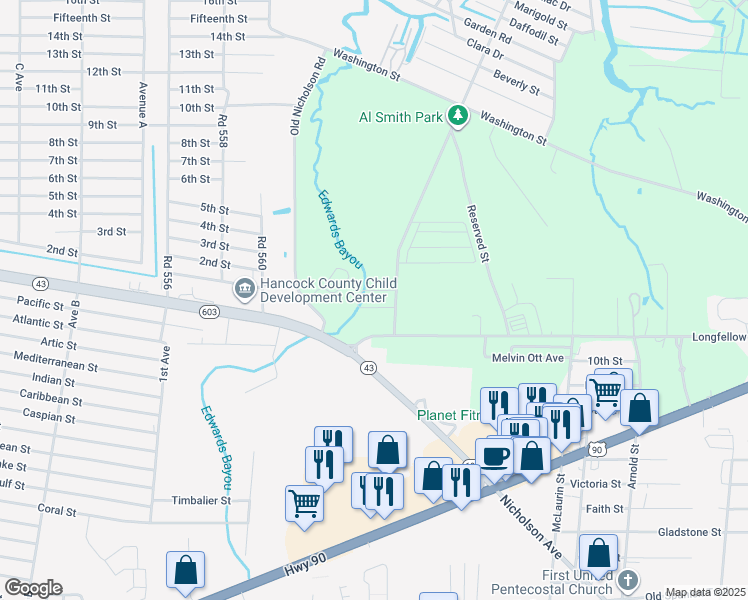 map of restaurants, bars, coffee shops, grocery stores, and more near 10041 Chapman Road in Bay St. Louis