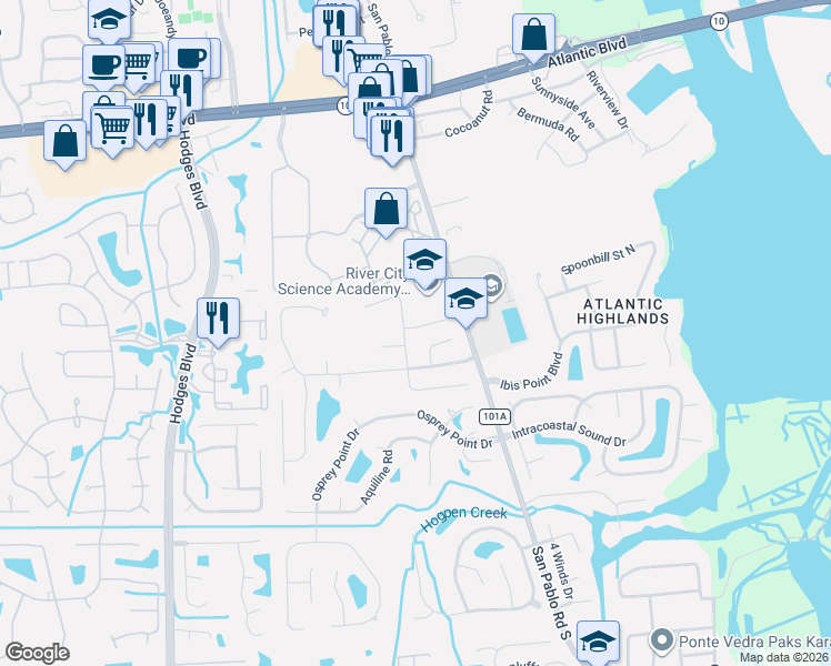 map of restaurants, bars, coffee shops, grocery stores, and more near 13565 Lobo Court in Jacksonville