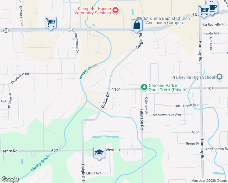 map of restaurants, bars, coffee shops, grocery stores, and more near 16547 Larry Johnson Road in Prairieville