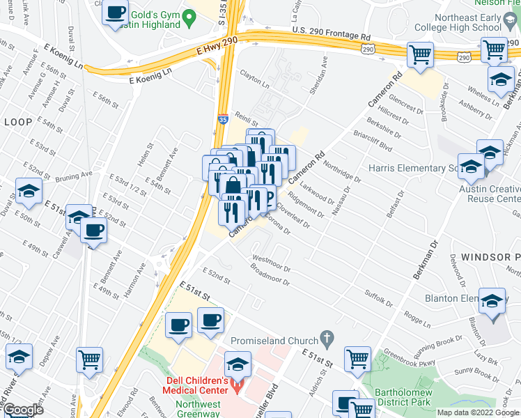 map of restaurants, bars, coffee shops, grocery stores, and more near Cameron Rd & Corona Dr in Austin