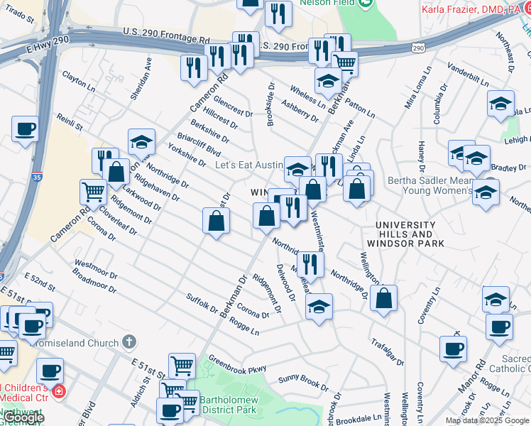map of restaurants, bars, coffee shops, grocery stores, and more near 1609 Sweetbriar Avenue in Austin