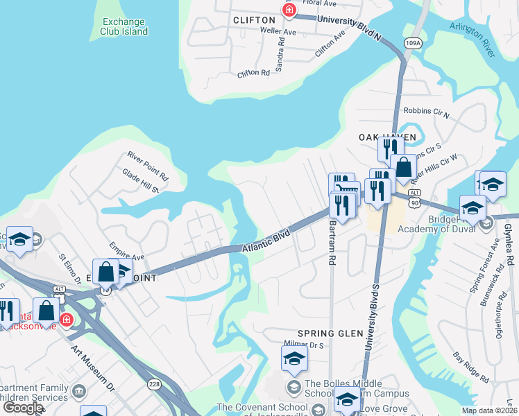 map of restaurants, bars, coffee shops, grocery stores, and more near 1334 Campbell Avenue in Jacksonville