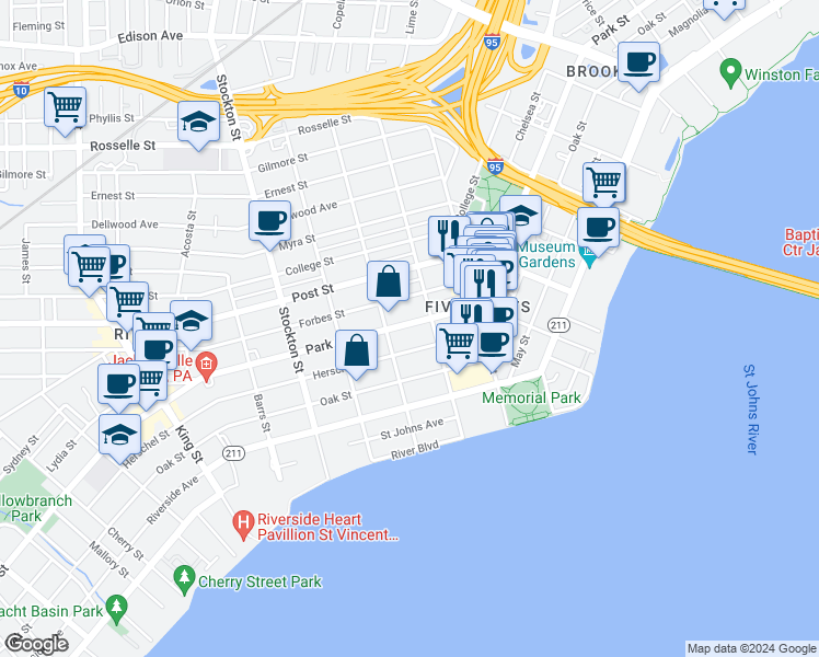 map of restaurants, bars, coffee shops, grocery stores, and more near 2121 Park Street in Jacksonville