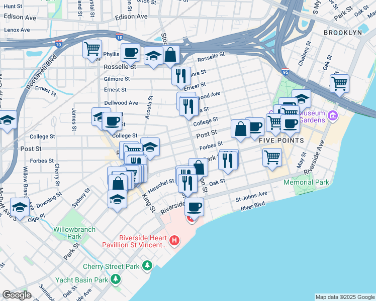 map of restaurants, bars, coffee shops, grocery stores, and more near 2530 Post Street in Jacksonville