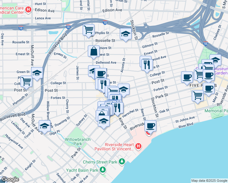 map of restaurants, bars, coffee shops, grocery stores, and more near in Jacksonville