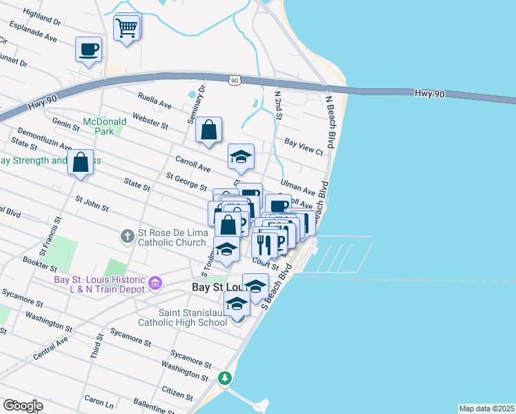 map of restaurants, bars, coffee shops, grocery stores, and more near 306 North 2nd Street in Bay St. Louis