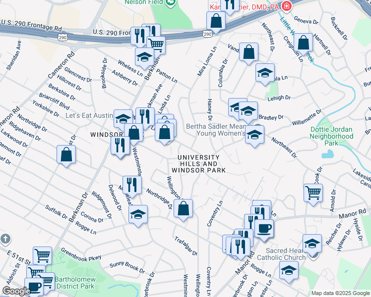 map of restaurants, bars, coffee shops, grocery stores, and more near 2018 Wheless Lane in Austin