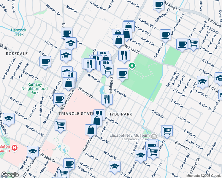map of restaurants, bars, coffee shops, grocery stores, and more near 4600 West Guadalupe Street in Austin