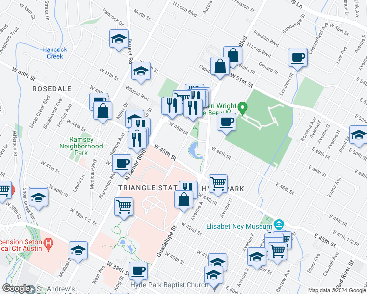 map of restaurants, bars, coffee shops, grocery stores, and more near 4517 Triangle Avenue in Austin