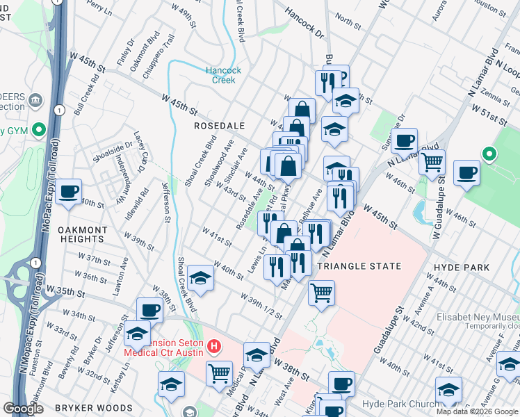 map of restaurants, bars, coffee shops, grocery stores, and more near 4398 Burnet Road in Austin