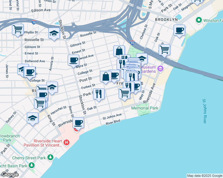 map of restaurants, bars, coffee shops, grocery stores, and more near 2121 Park Street in Jacksonville
