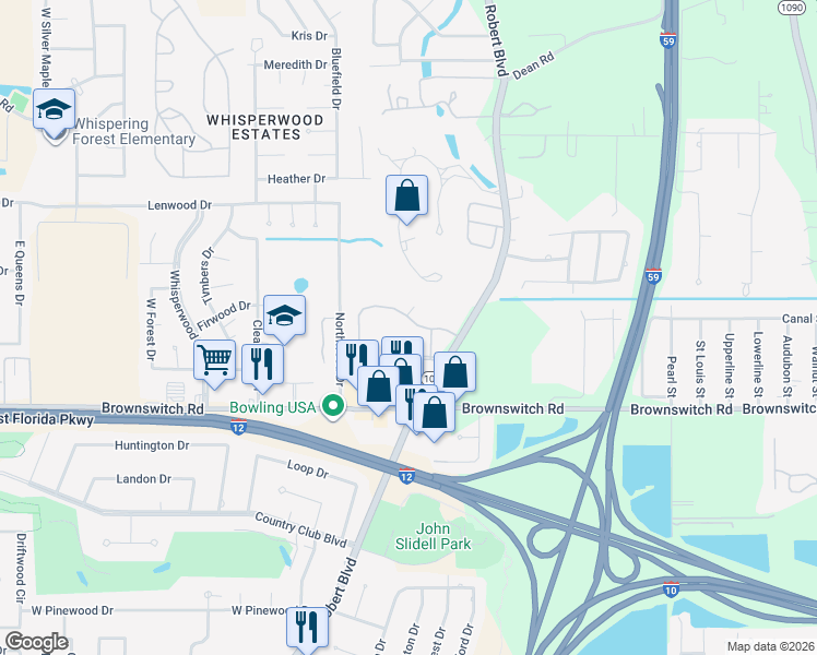 map of restaurants, bars, coffee shops, grocery stores, and more near 2531 Tidewater Drive in Slidell