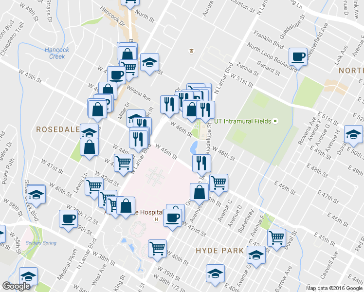 map of restaurants, bars, coffee shops, grocery stores, and more near 810 West 45th Street in Austin
