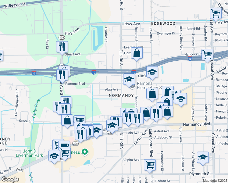 map of restaurants, bars, coffee shops, grocery stores, and more near 5636 Akra Avenue in Jacksonville