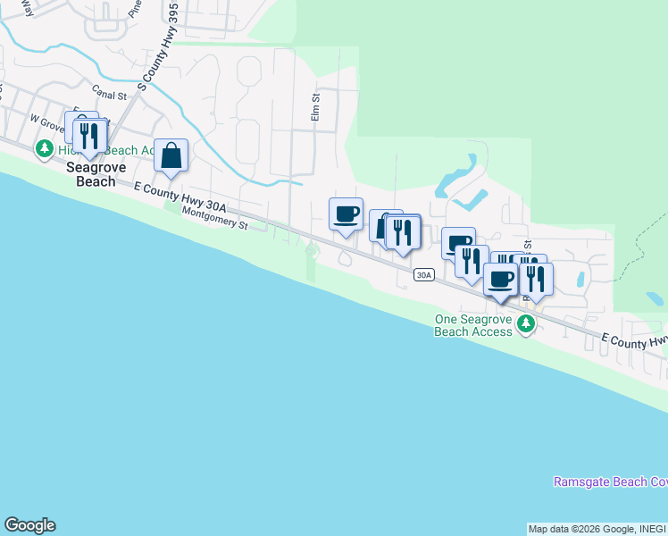 map of restaurants, bars, coffee shops, grocery stores, and more near 30 Jasmine Circle in Santa Rosa Beach