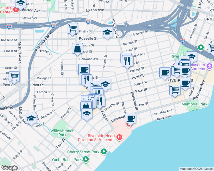 map of restaurants, bars, coffee shops, grocery stores, and more near 2604 Post Street in Jacksonville