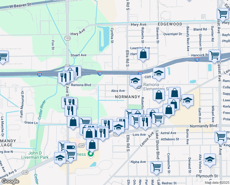 map of restaurants, bars, coffee shops, grocery stores, and more near 5672 Akra Avenue in Jacksonville