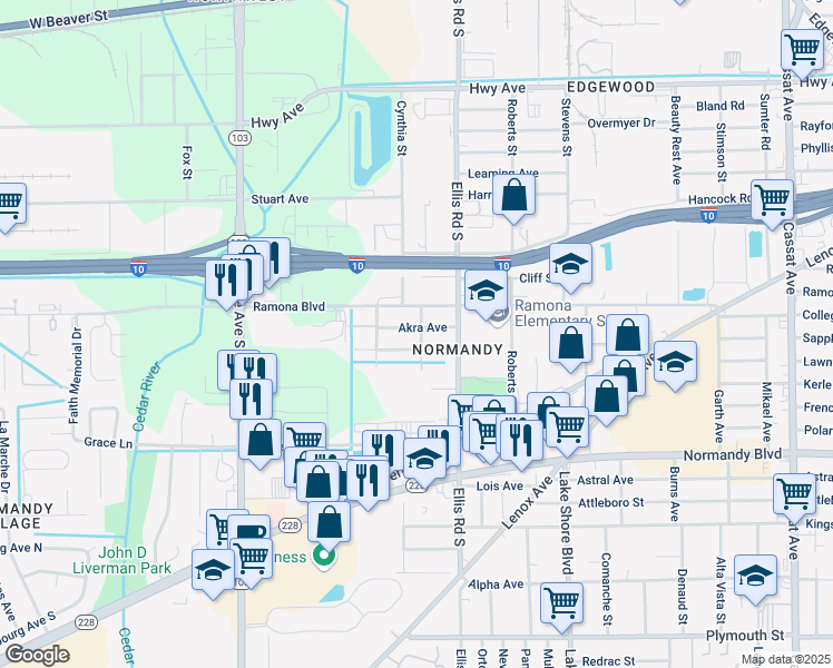 map of restaurants, bars, coffee shops, grocery stores, and more near 742 Ernona Street in Jacksonville