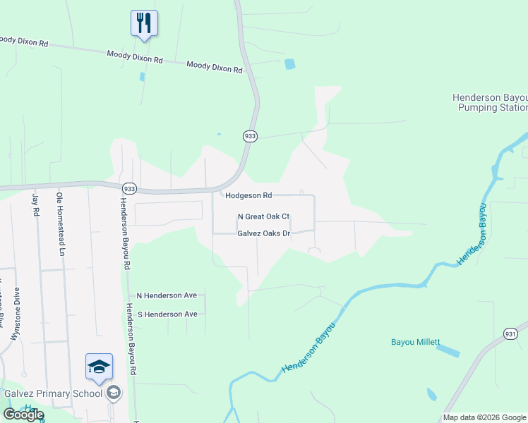 map of restaurants, bars, coffee shops, grocery stores, and more near 43513 Hodgeson Road in Prairieville