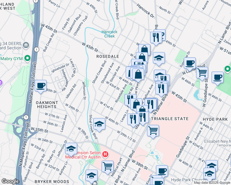 map of restaurants, bars, coffee shops, grocery stores, and more near 4209 Ramsey Avenue in Austin