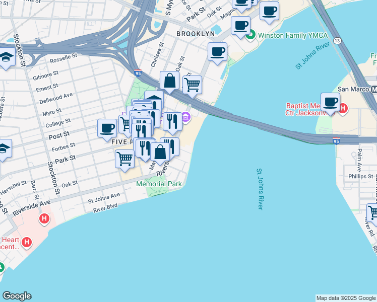 map of restaurants, bars, coffee shops, grocery stores, and more near 555 Bishop Gate Lane in Jacksonville