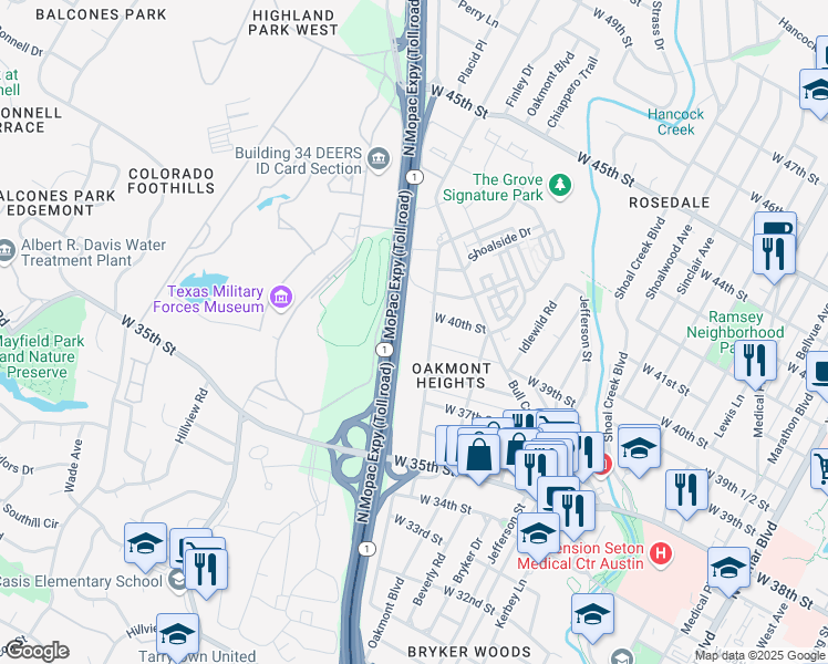 map of restaurants, bars, coffee shops, grocery stores, and more near 4000 Jackson Avenue in Austin