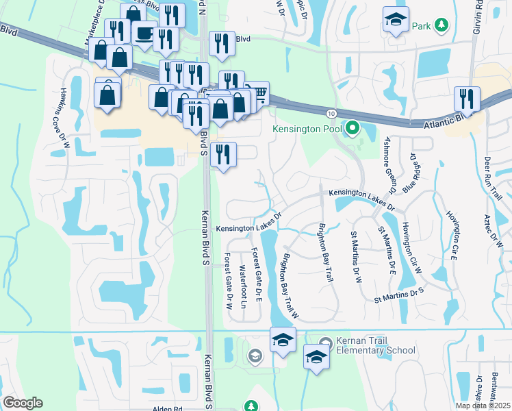 map of restaurants, bars, coffee shops, grocery stores, and more near 12311 Kensington Lakes Drive in Jacksonville