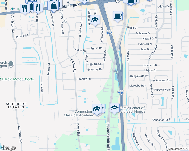 map of restaurants, bars, coffee shops, grocery stores, and more near 10448 Marbury Drive in Jacksonville