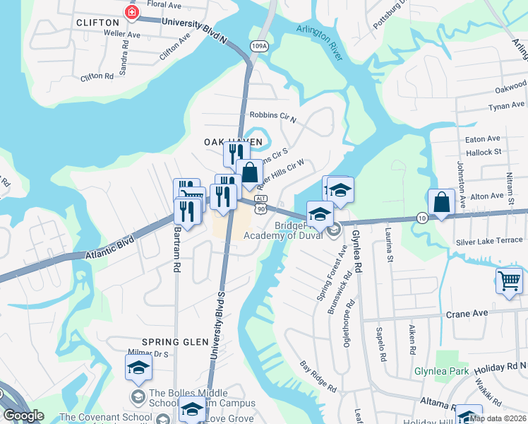 map of restaurants, bars, coffee shops, grocery stores, and more near in Jacksonville