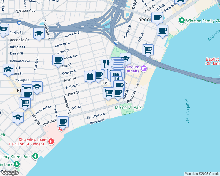 map of restaurants, bars, coffee shops, grocery stores, and more near 2046 Park Street in Jacksonville