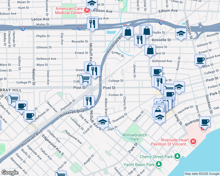 map of restaurants, bars, coffee shops, grocery stores, and more near 2903 Post Street in Jacksonville