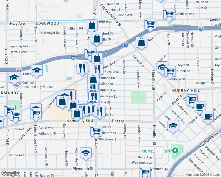 map of restaurants, bars, coffee shops, grocery stores, and more near 4808 College Street in Jacksonville