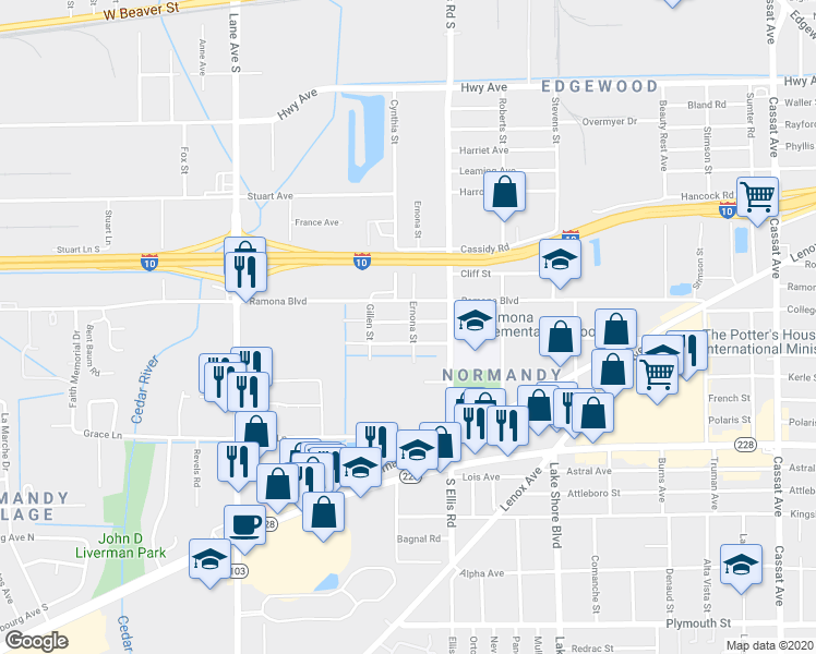 map of restaurants, bars, coffee shops, grocery stores, and more near 5687 Akra Avenue in Jacksonville