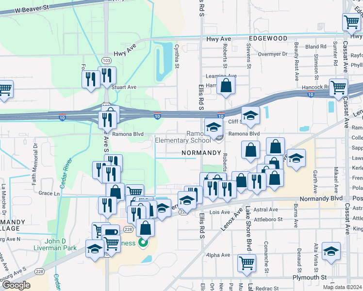 map of restaurants, bars, coffee shops, grocery stores, and more near 5687 Akra Avenue in Jacksonville