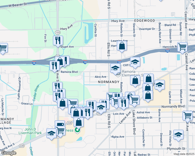 map of restaurants, bars, coffee shops, grocery stores, and more near 5687 Akra Avenue in Jacksonville
