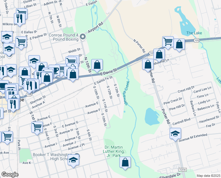 map of restaurants, bars, coffee shops, grocery stores, and more near 305 South 13th Street in Conroe