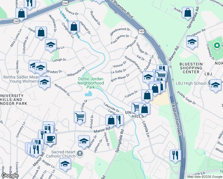 map of restaurants, bars, coffee shops, grocery stores, and more near 6707 Bryn Mawr Drive in Austin
