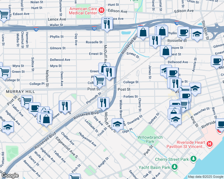 map of restaurants, bars, coffee shops, grocery stores, and more near Roosevelt Blvd & Post St in Jacksonville