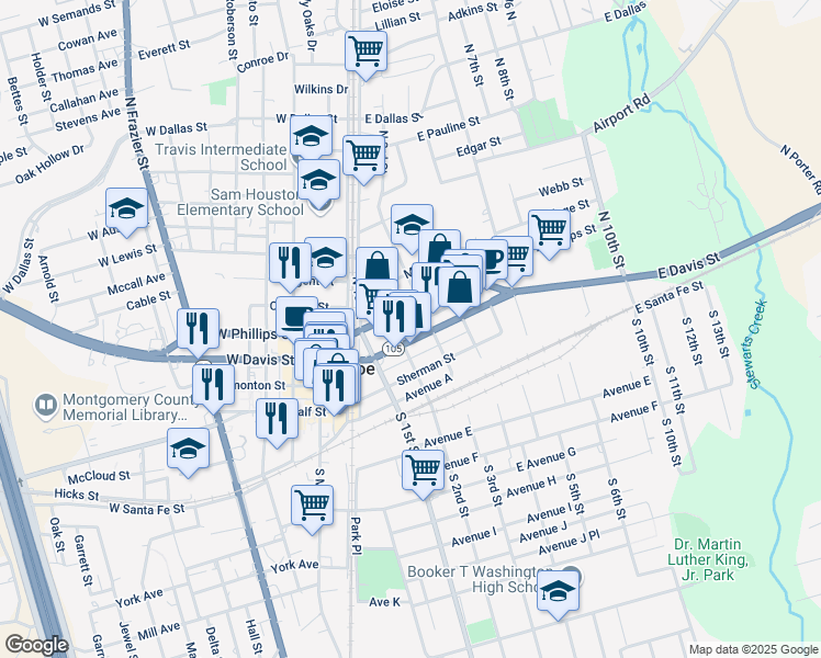 map of restaurants, bars, coffee shops, grocery stores, and more near 205 East Phillips Street in Conroe